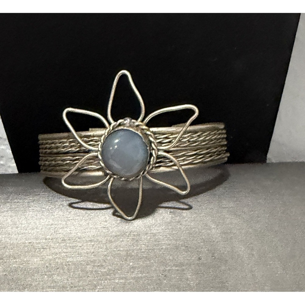Wire Flower Cuff Bracelet Blue Cabochon Stone Silver Tone  Adjustable Boho